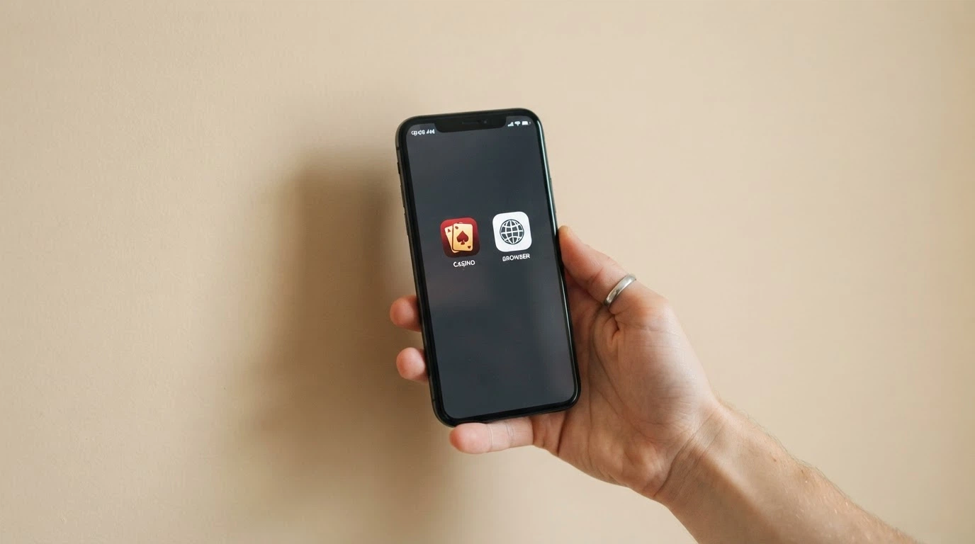 Dlaň držící telefon, na displeji vedle sebe ikona nativní aplikace kasina a ikona prohlížeče
