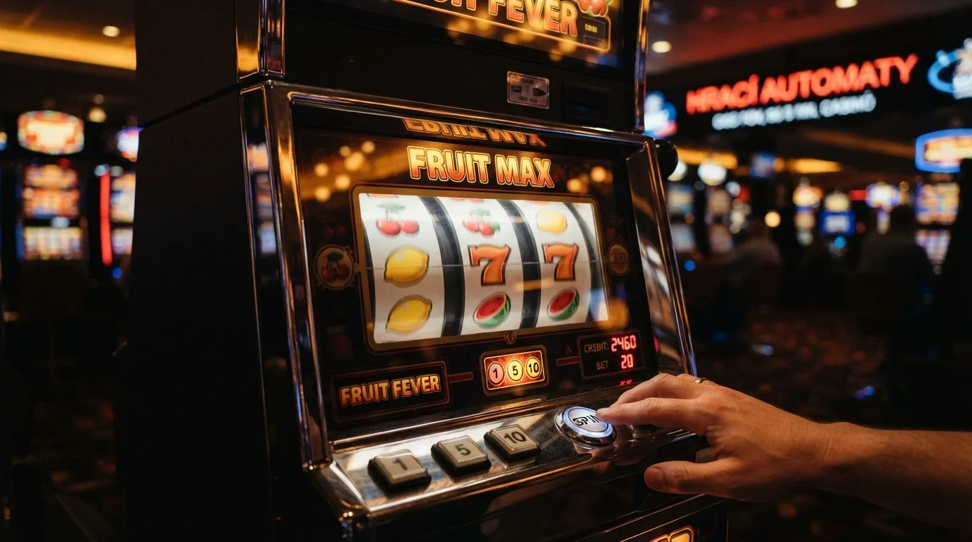 Výherní automat s barevnými symboly ovoce a roztočenými válci, v pozadí logo Synot Games