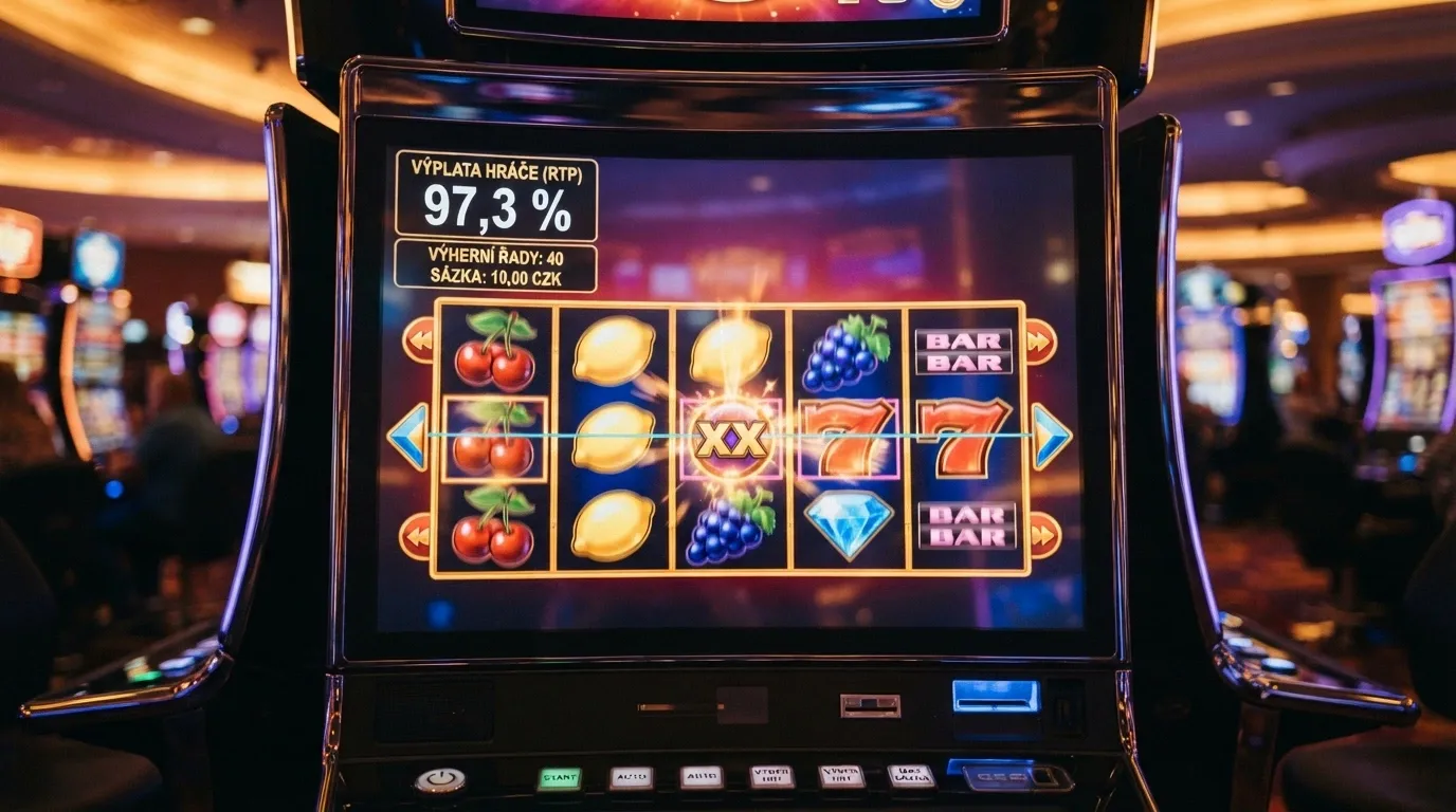 Roztočený automat s viditelnou informací RTP 97,3 % na displeji