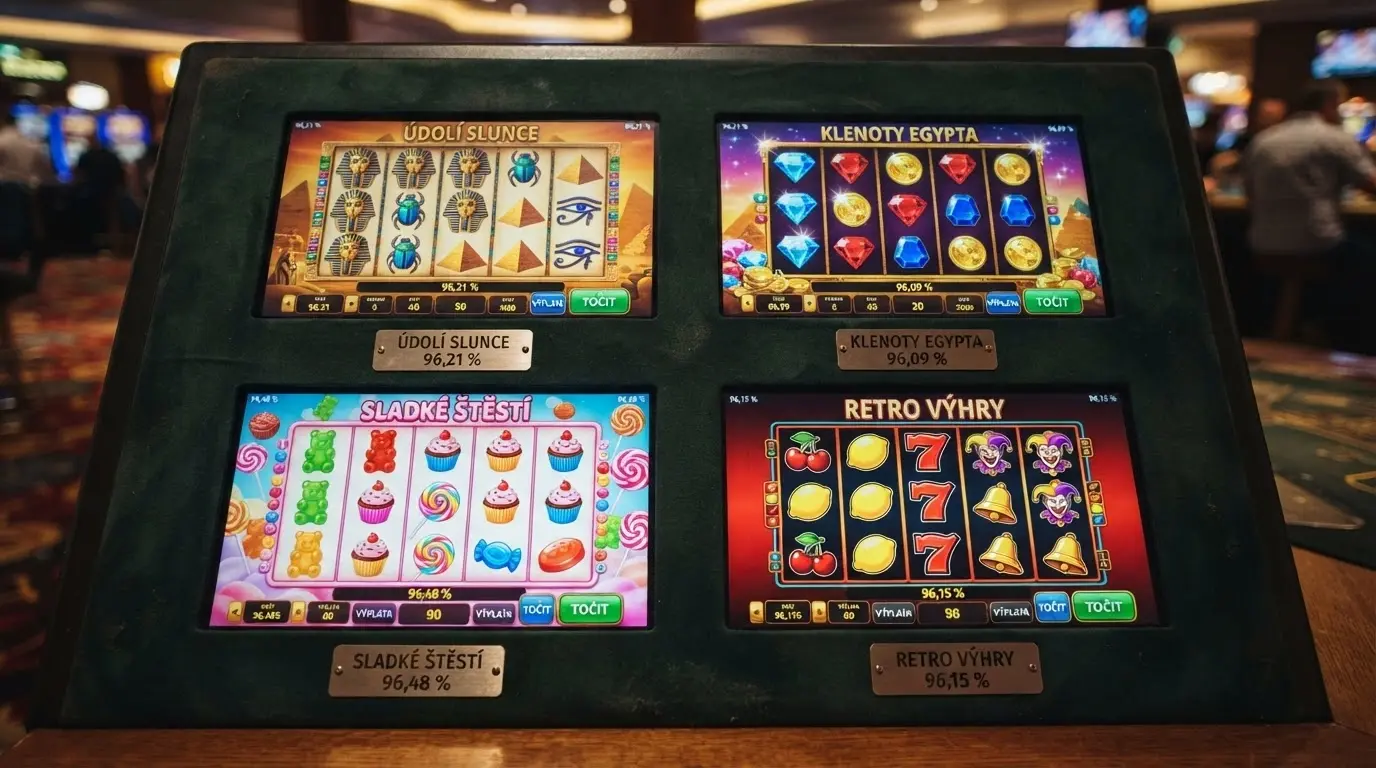 Koláž čtyř nejznámějších slotů s vysokým RTP — Book of Dead, Starburst, Sweet Bonanza, Fire Joker — s uvedením jejich RTP procent