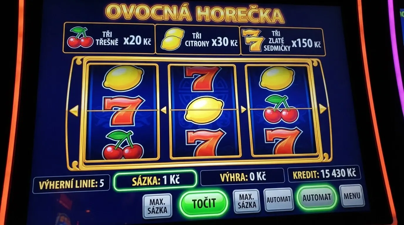 Výřez z automatu Mega Joker s viditelnou výherní tabulkou a tlačítkem sázky 1 Kč