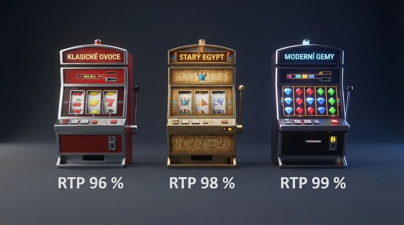 Koláž tří populárních automatů (jeden klasický ovocný, jeden s egyptskou tematikou, jeden moderní video slot) s viditelnými hodnotami RTP