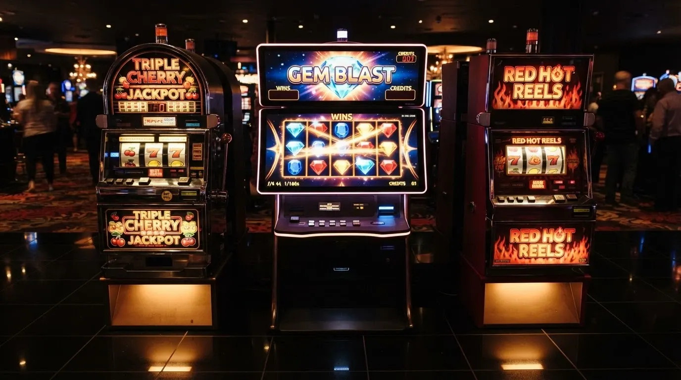 Koláž tří výherních automatů — Fire Joker, Starburst a typický ovocný automat s českým motivem