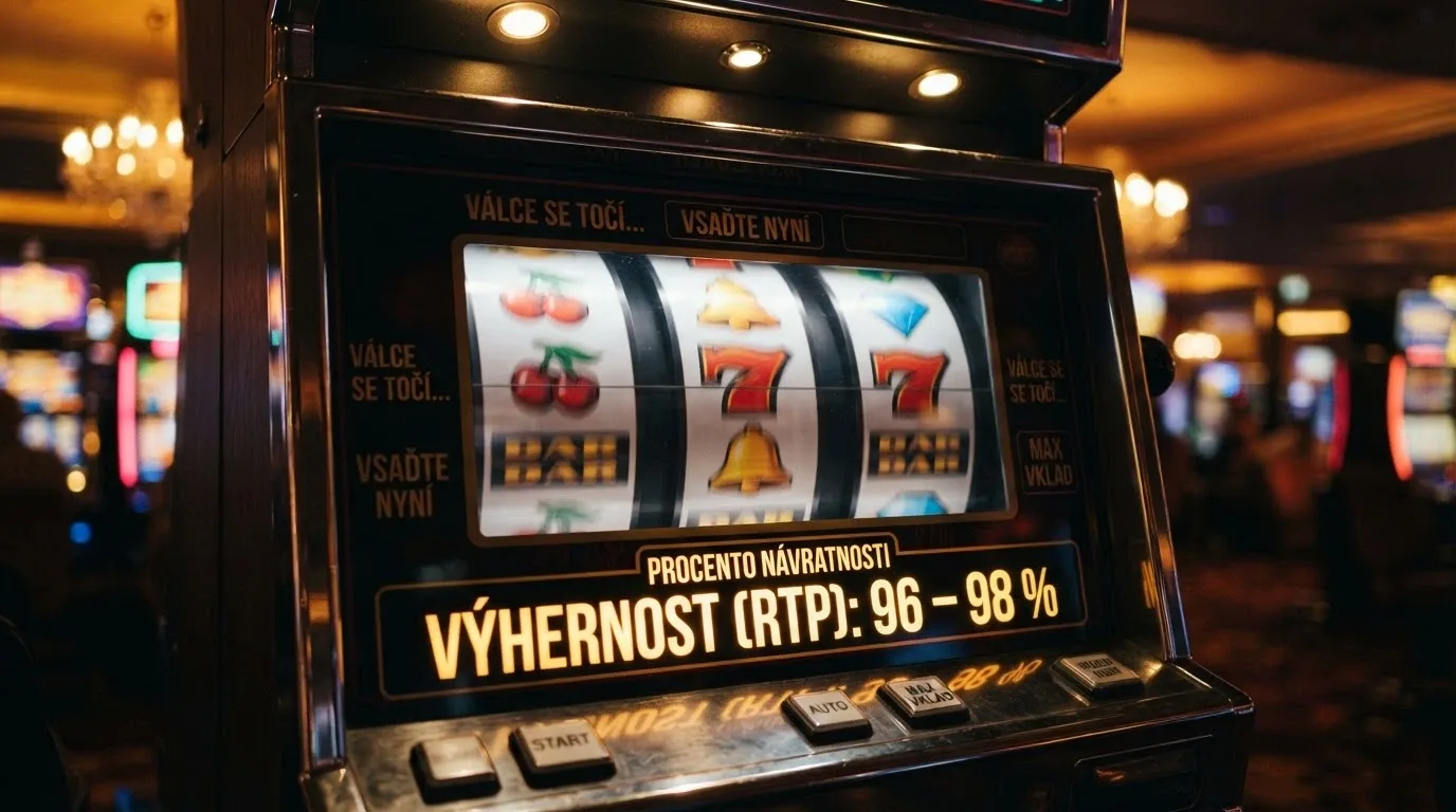 Roztočené válce výherního automatu s viditelnou informací o RTP 96–98 %