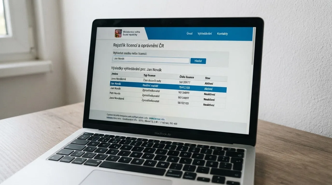 Detail obrazovky s otevřenou stránkou registru MF ČR — kurzor ukazuje na políčko s názvem licencovaného provozovatele.