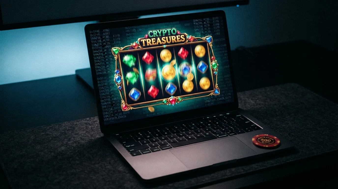 Obrazovka laptopu s roztočeným bitcoinovým automatem, na pozadí viditelná kryptografická čísla odkazující na provably fair