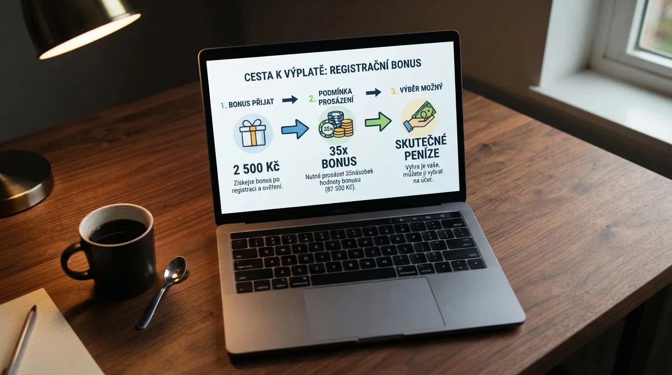Infografika: cesta od registračního bonusu k reálné výplatě — kolik musí hráč prosázet při protočení 35×, než si může vybrat první korunu
