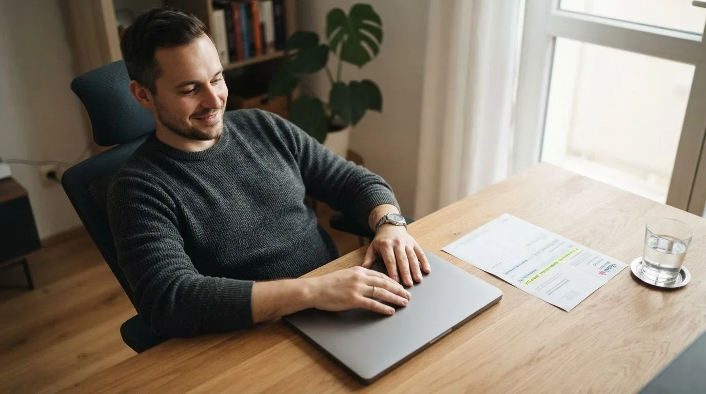Spokojený hráč zavírá notebook s úsměvem, na stole leží výpis z účtu s připsanou výhrou