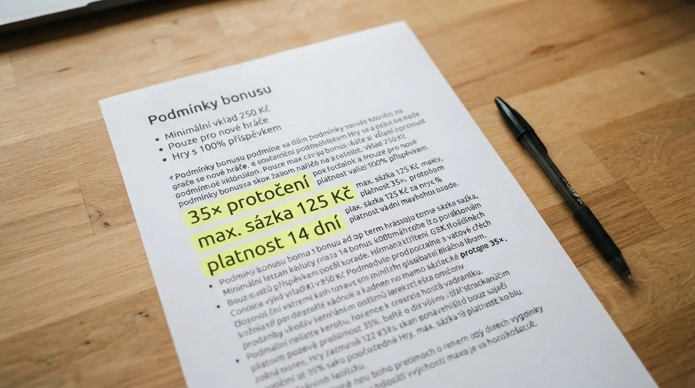 Detailní záběr na podmínky bonusu — zvýrazněné řádky o protočení, max sázce a časovém limitu