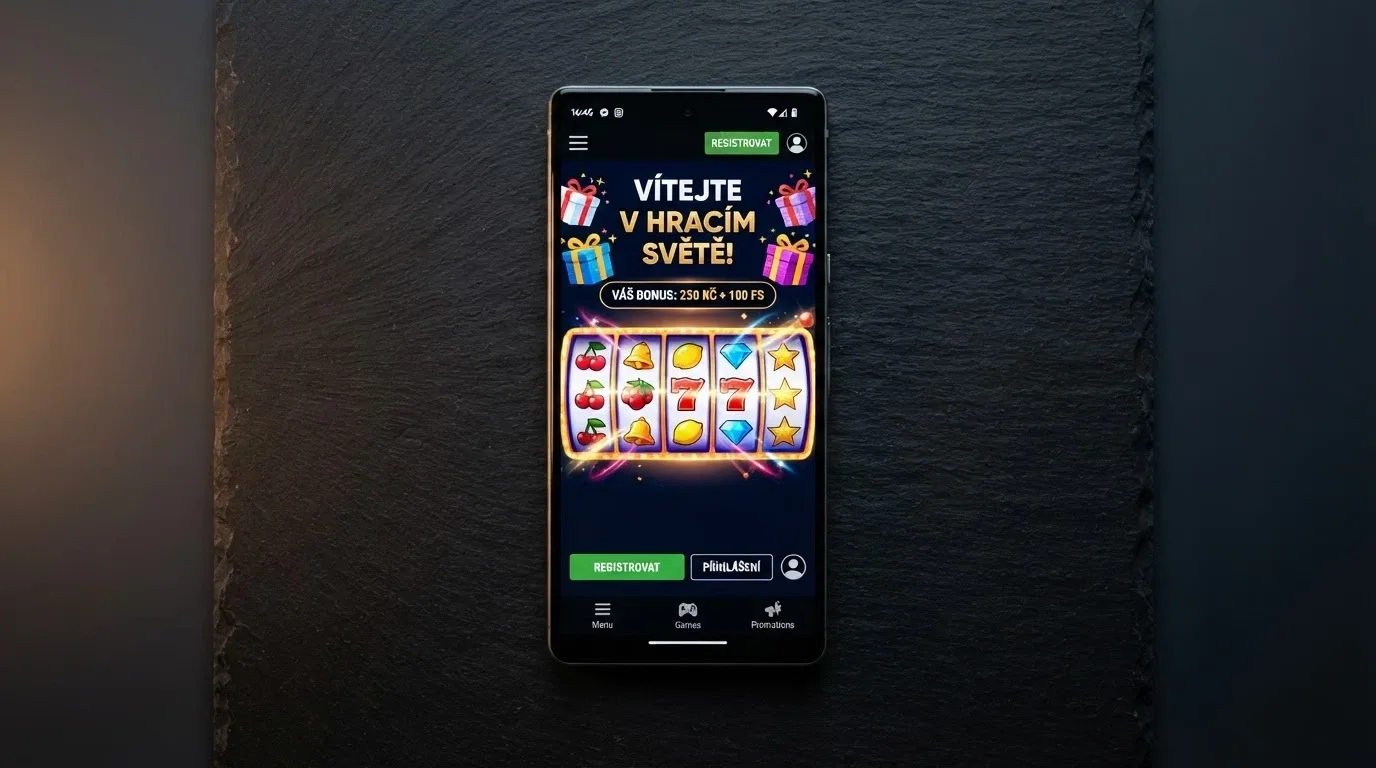 Mobilní telefon zobrazující uvítací nabídku „free spiny za registraci“ s ikonami dárků a otáčejících se válců