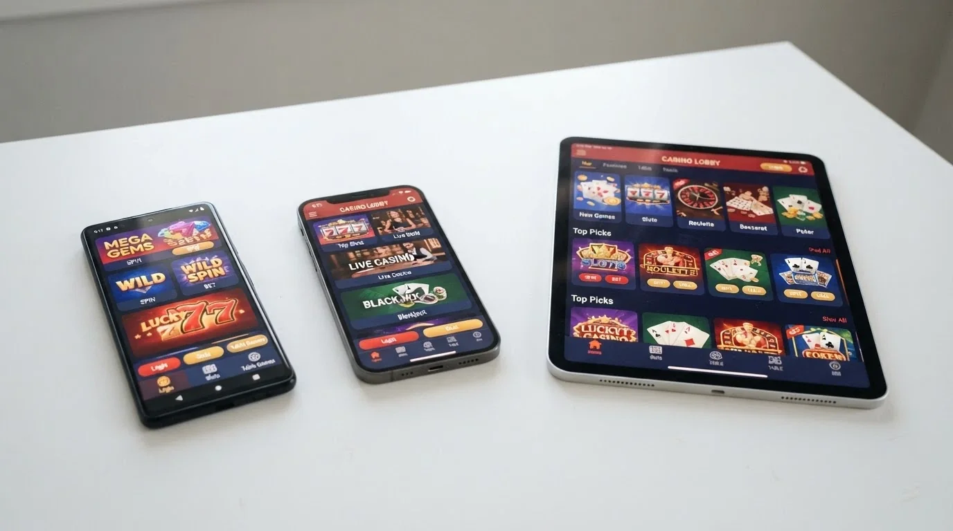 Srovnání obrazovek mobilní casino aplikace na třech zařízeních vedle sebe — Android, iPhone a tablet s Huawei Harmony