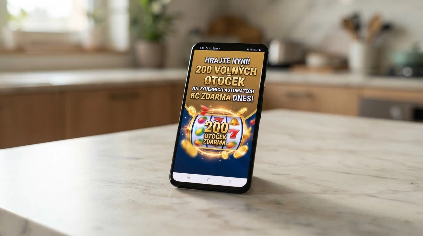 Mobilní telefon zobrazující obrazovku s nabídkou volných otoček za registraci v online casinu