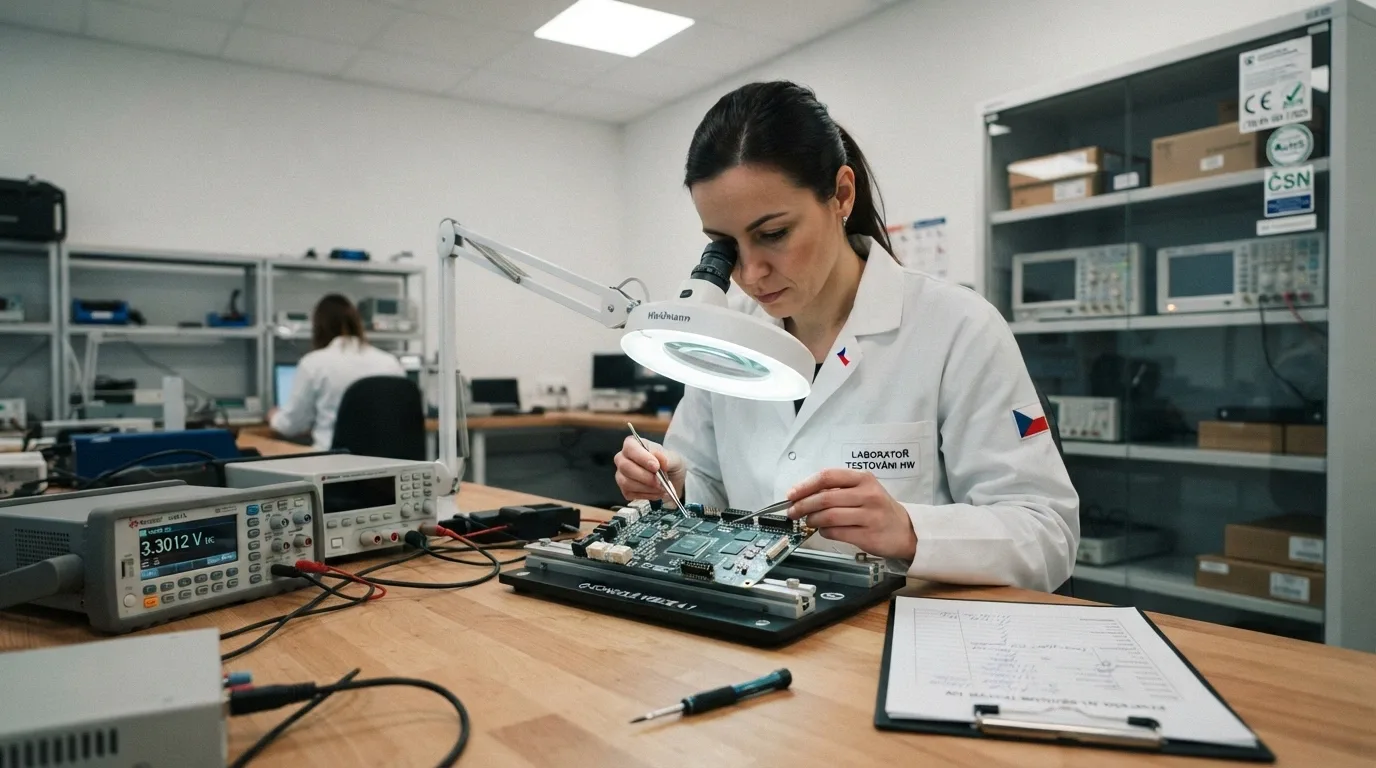 Ilustrace testovací laboratoře — technik kontroluje certifikovanou herní jednotku
