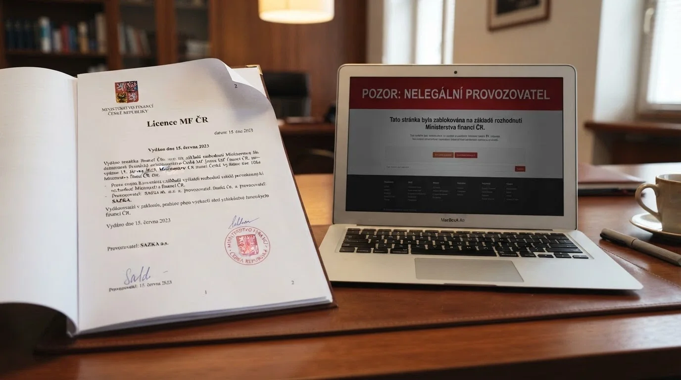 Úřední dokument s razítkem Ministerstva financí ČR vedle obrazovky s varovným nápisem na nelegálním webu
