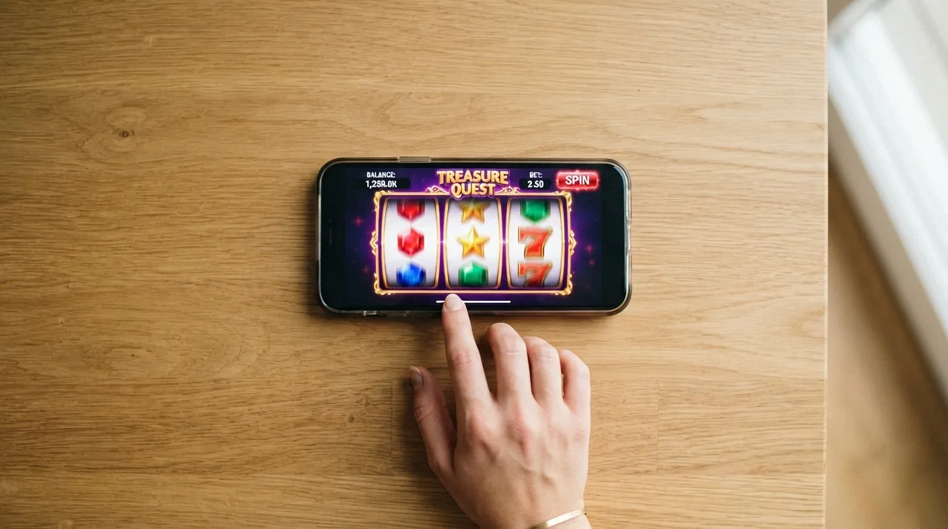 Ruka držící mobilní telefon s otevřenou stránkou casino bonusů, vedle symboly z výherního automatu