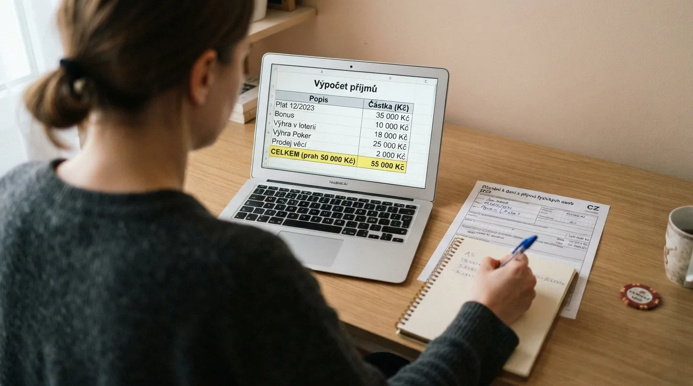 Kalkulačka a formulář daňového přiznání vedle výpisu z online casina