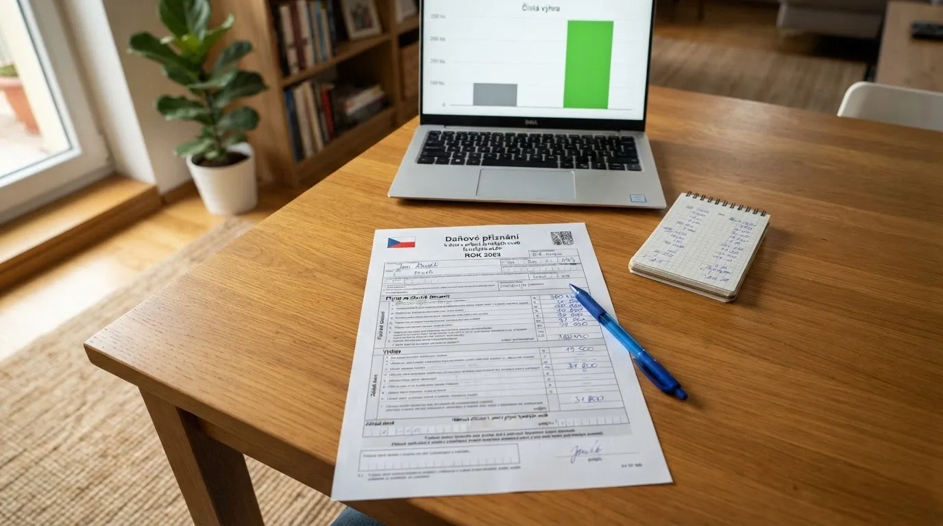 Daňové přiznání a kalkulačka na stole vedle otevřeného online casina na obrazovce
