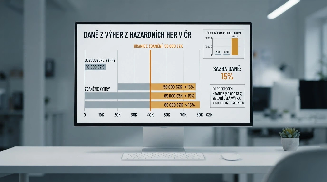 Vizualizace daňové hranice 50 000 Kč — čisté výhry za typ hry a rok, od kterých hráč odvádí 15% daň z celé částky