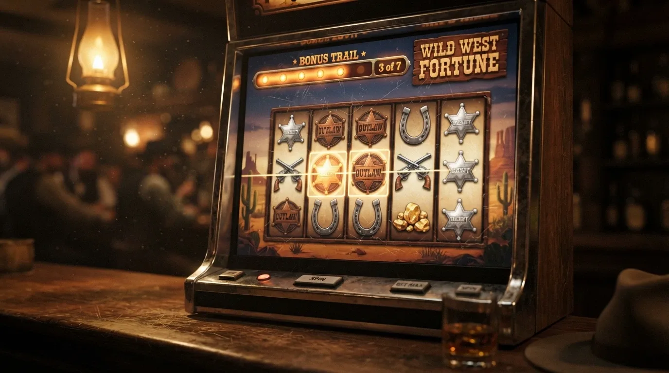Automat Dead or Alive 2 s westernovou tematikou, pěti válci a ikonami psanců