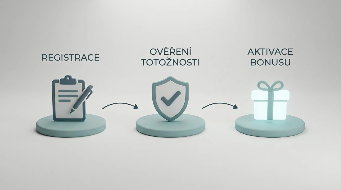 Schéma znázorňující cestu hráče od registrace přes ověření až po připsání bonusu bez vkladu