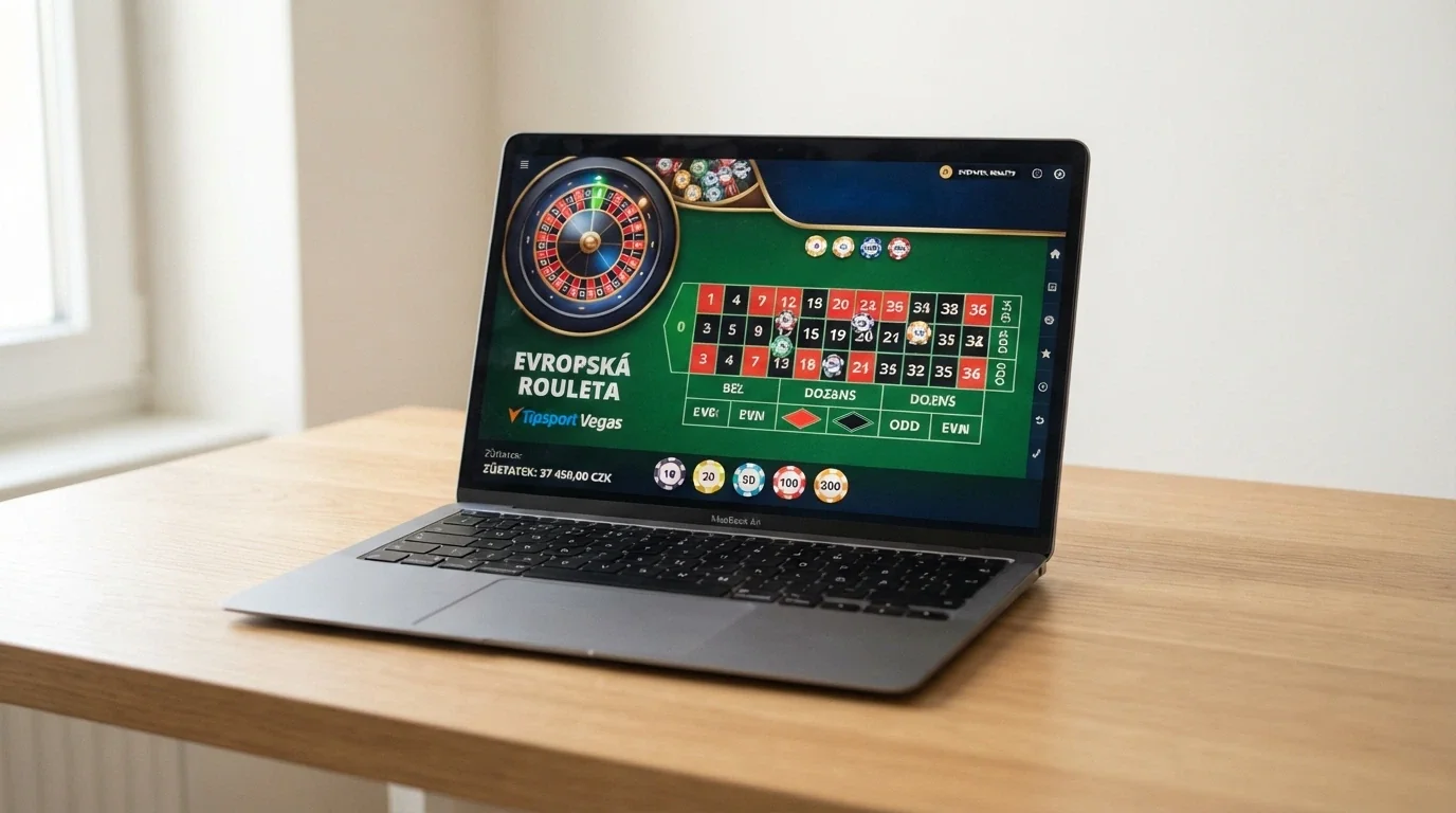 Obrazovka počítače s rozhraním online rulety v demo režimu s virtuálními žetony