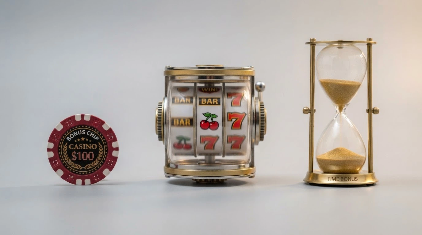 Tři vizuální dlaždice — bankovka (volné peníze), rotující válec automatu (volné spiny), přesýpací hodiny (herní kredity) — vedle sebe