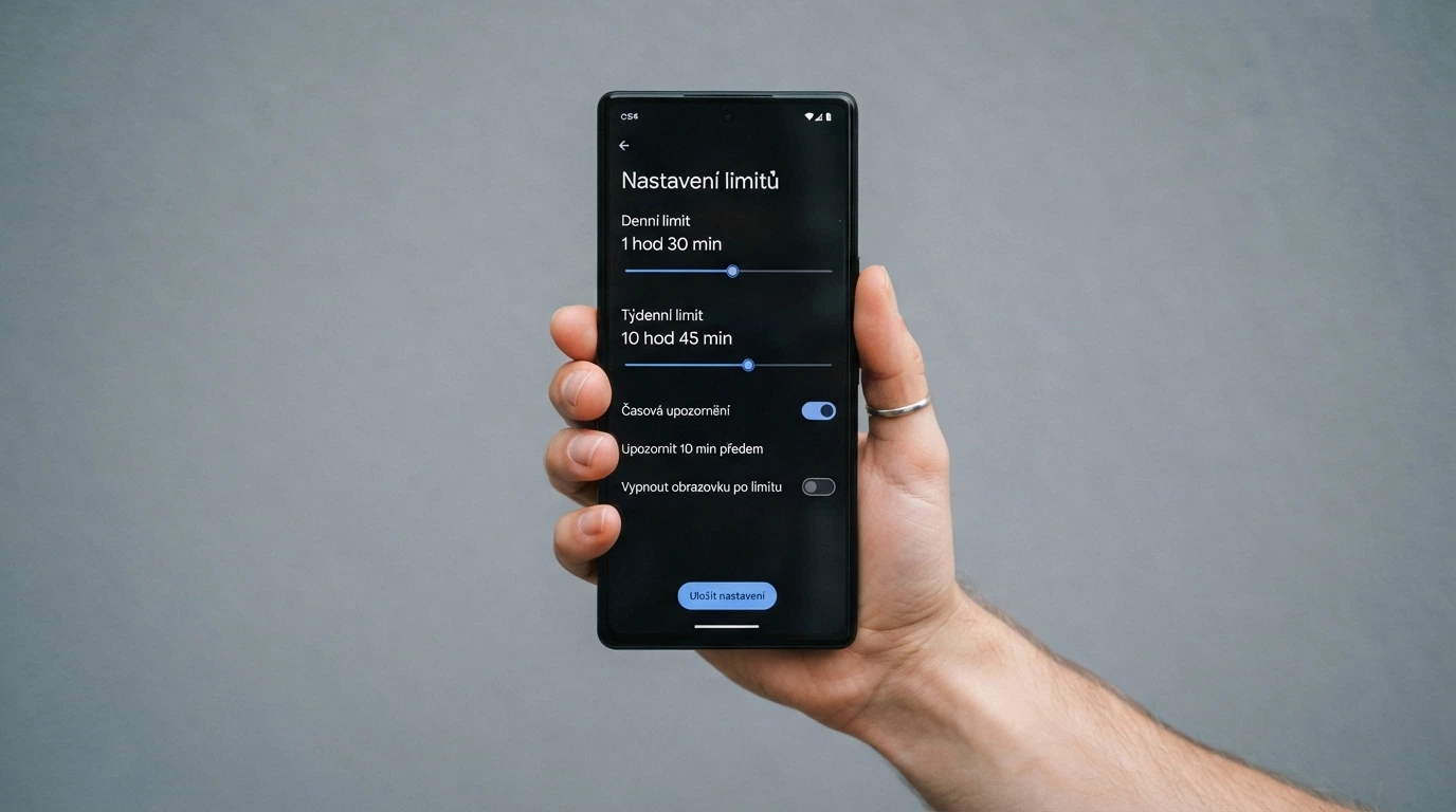 Displej mobilního telefonu s obrazovkou nastavení herních limitů — posuvníky pro denní sázky, časové limity a tlačítko sebevyloučení