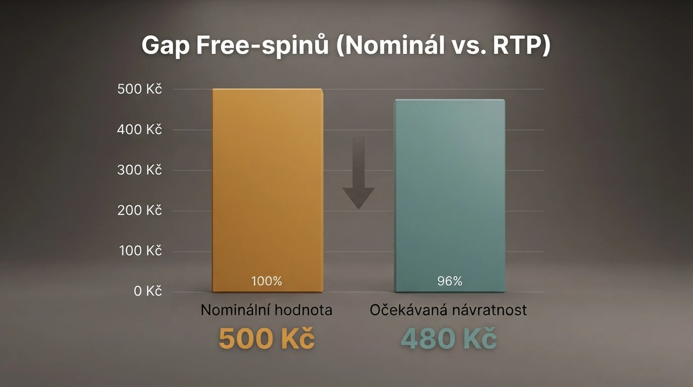 Porovnání nominální hodnoty free spinů a očekávané hodnoty po zohlednění RTP — vizuální propad mezi slibem a reálným výnosem