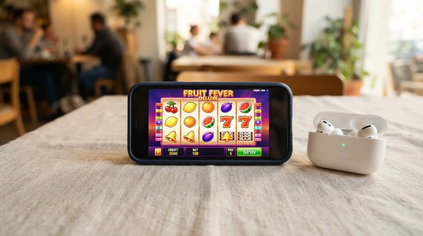 Mobilní telefon s otevřenou casino aplikací — na displeji automat za peníze, vedle něj logo Android a iOS