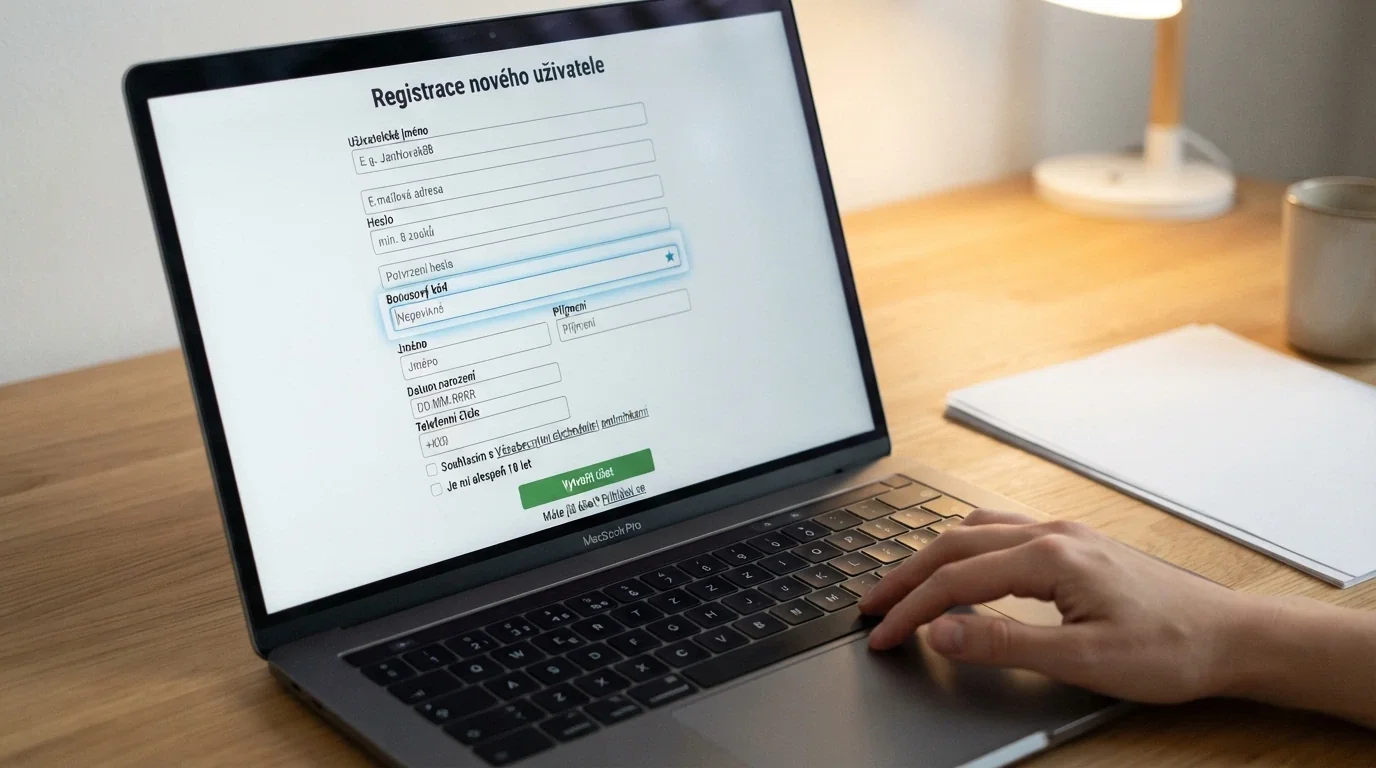 Detail registračního formuláře online casina s vyznačeným polem pro zadání bonusového kódu