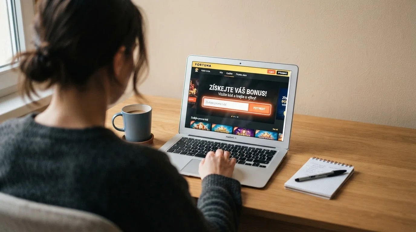 Hráč u počítače prohlíží pole pro zadání promo kódu na stránce online casina