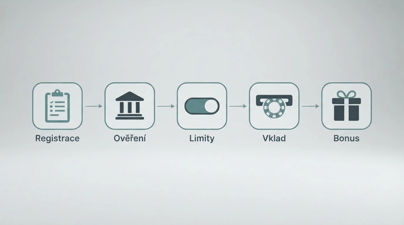 Infografika procesu registrace — pět kroků od vyplnění formuláře přes Bank iD ověření po připsání bonusu na konto