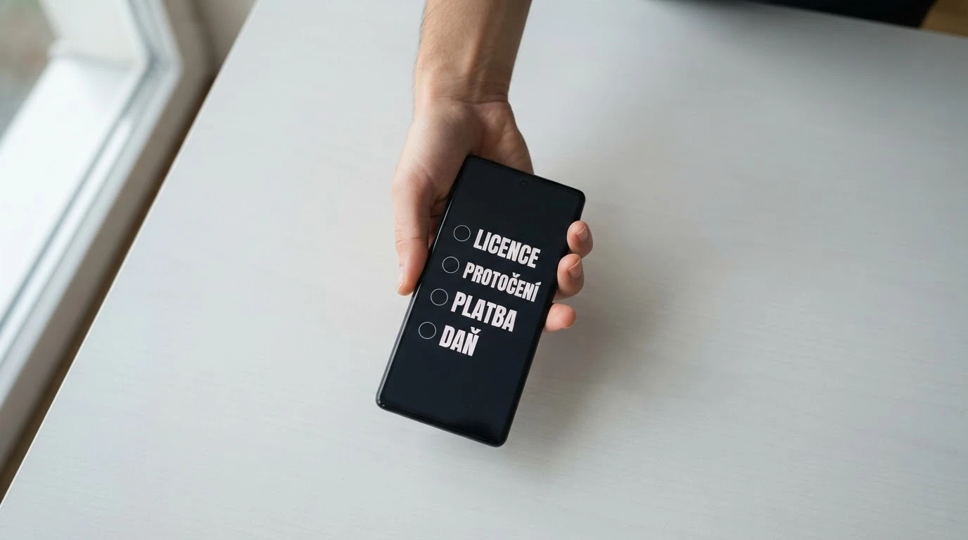 Ruka nad mobilem, na displeji rozhodovací checklist — licence, protočení, platební metoda, daň