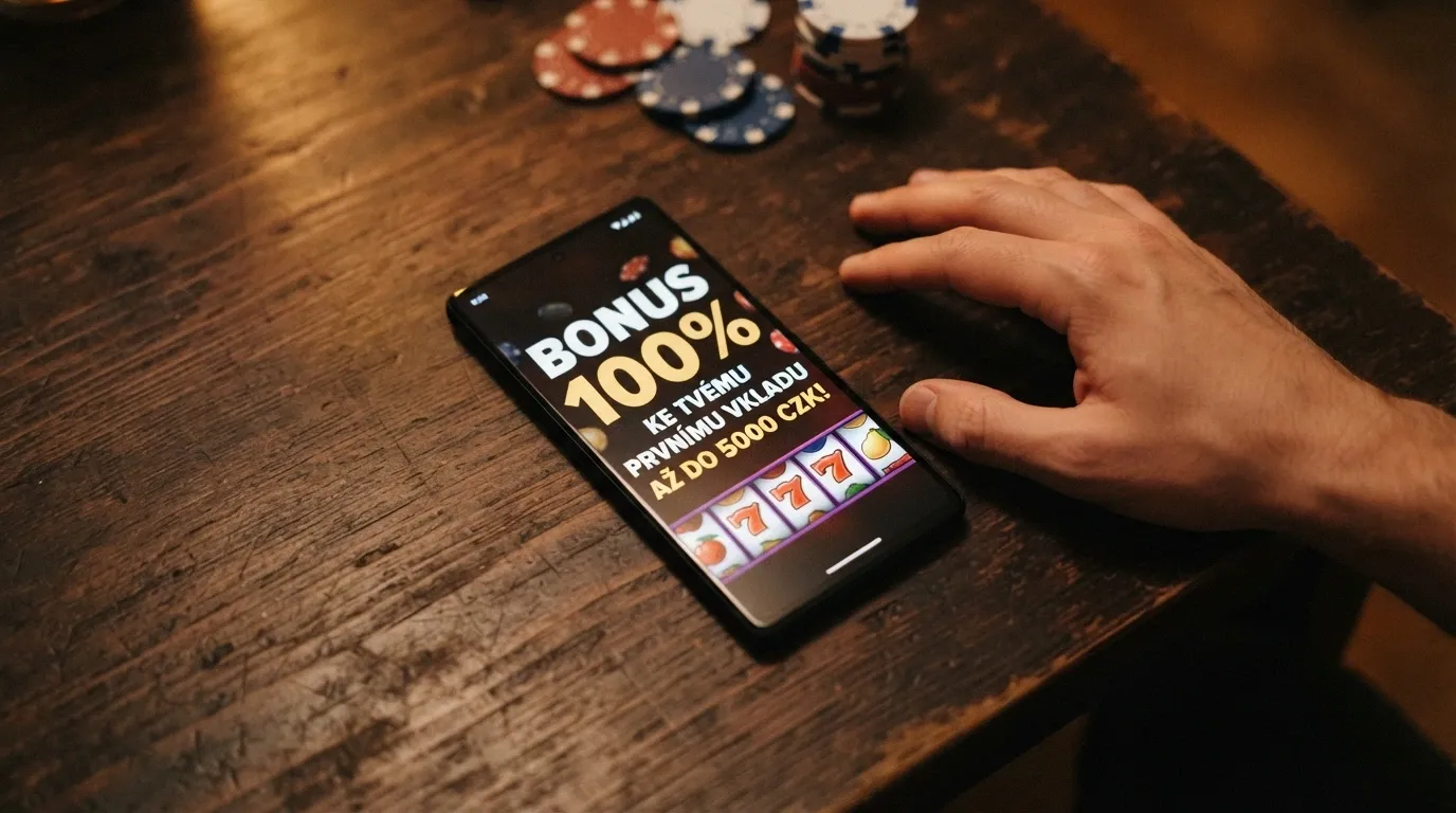 Propagační banner s free spiny a vstupním bonusem, v popředí zvýrazněné podmínky malým písmem