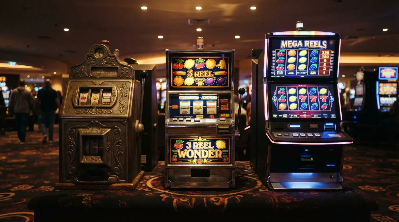 Tři klasické hrací automaty vedle sebe — mechanický jednoruký bandita, retro ovocný automat a moderní online verze se stejnými symboly