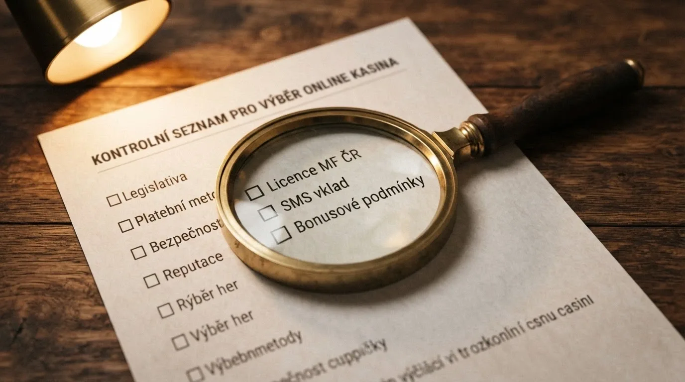 Lupa nad seznamem hodnoticích kritérií — licence, SMS vklad, bonusové podmínky, herní nabídka