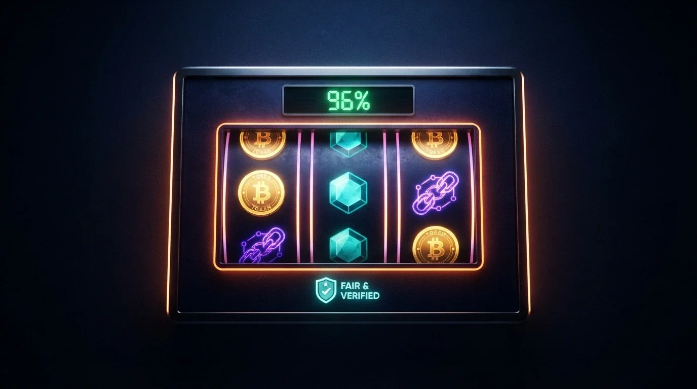 Výherní automat s krypto tématikou — bitcoiny na válcích, ukazatel RTP 96 % a nápis provably fair