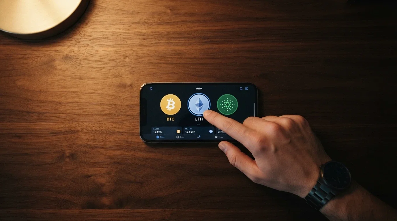 Mobilní telefon s aplikací kryptoměnové peněženky a symboly BTC, ETH a USDT na displeji