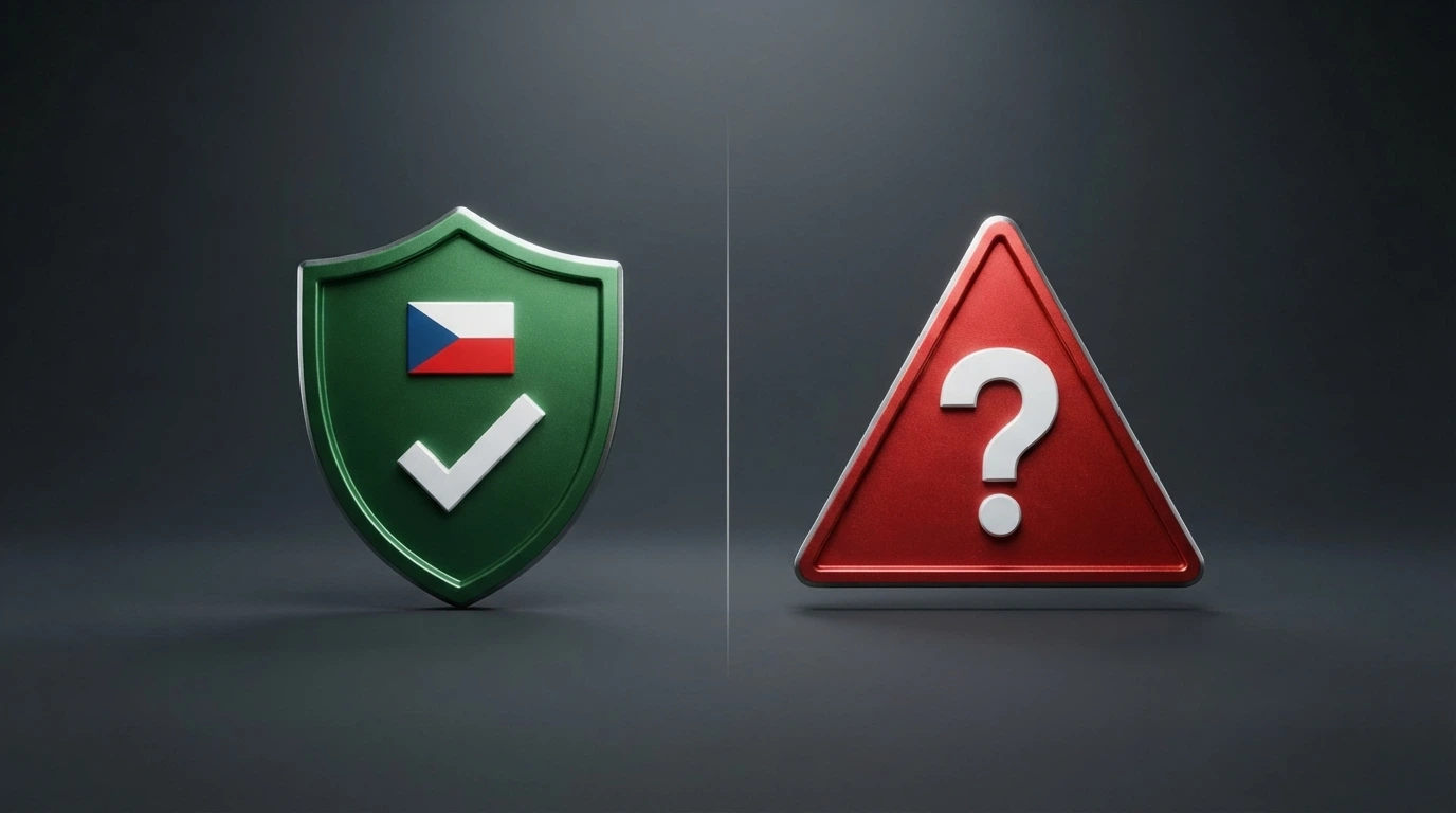 Rozdělená obrazovka — vlevo logo s českou vlajkou a razítkem MF ČR, vpravo logo s otazníkem a varovným symbolem