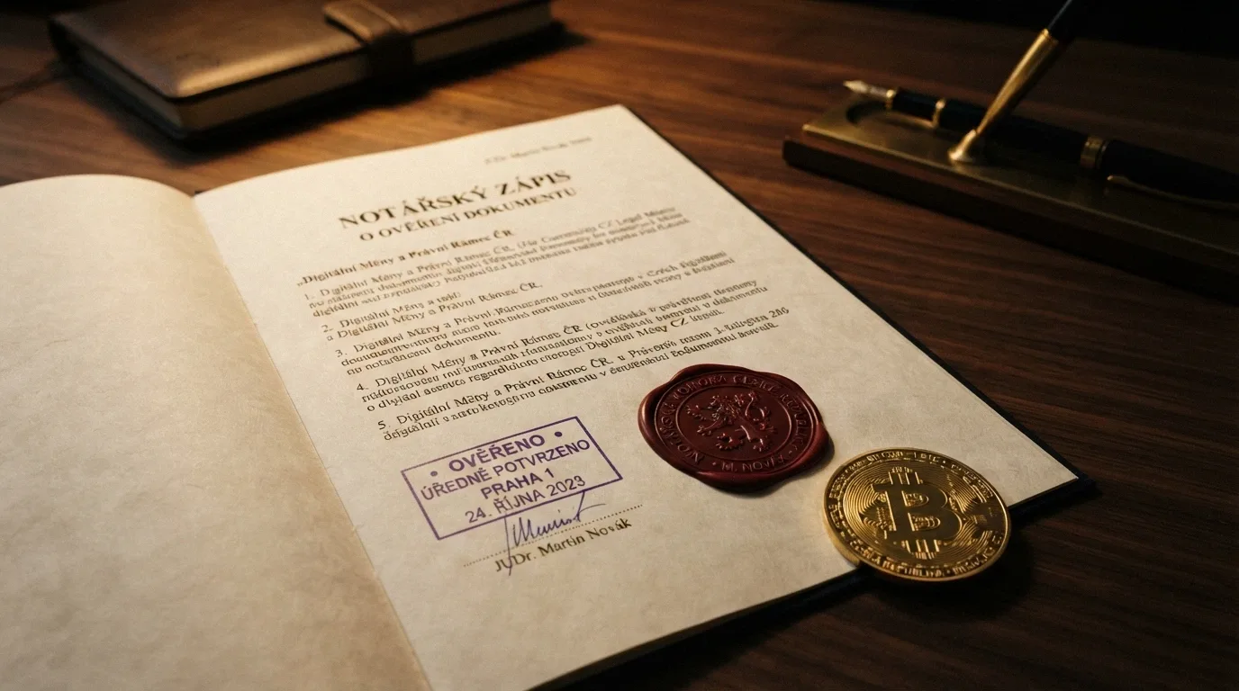 Úřední dokument s razítkem a pečetí na stole, vedle nějž leží bitcoinová mince — kontrast oficiální licence a kryptoměny