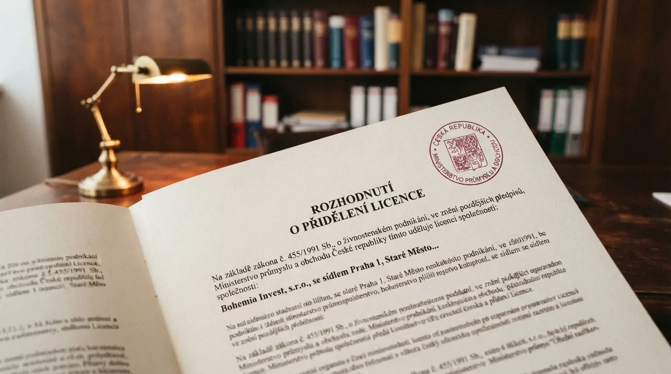 Úřední dokument s razítkem Ministerstva financí ČR a symbol státní regulace hazardu