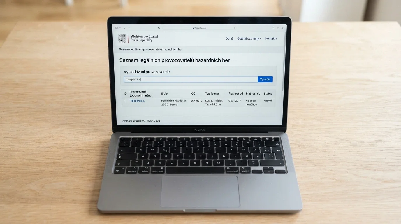 Obrazovka s vyhledáváním v oficiálním registru Ministerstva financí ČR a logem MF ČR