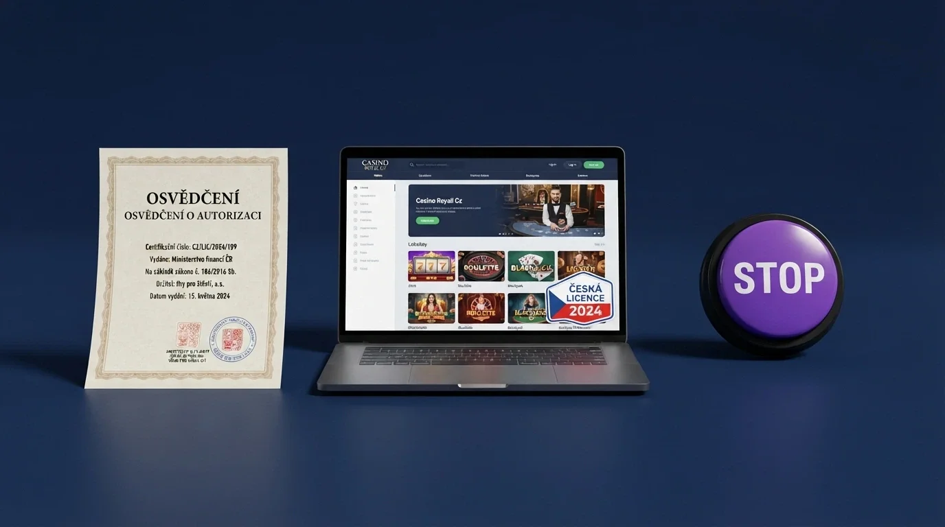 Úřední dokument s razítkem Ministerstva financí ČR vedle obrazovky s webem licencovaného casina a fialového tlačítka panic button