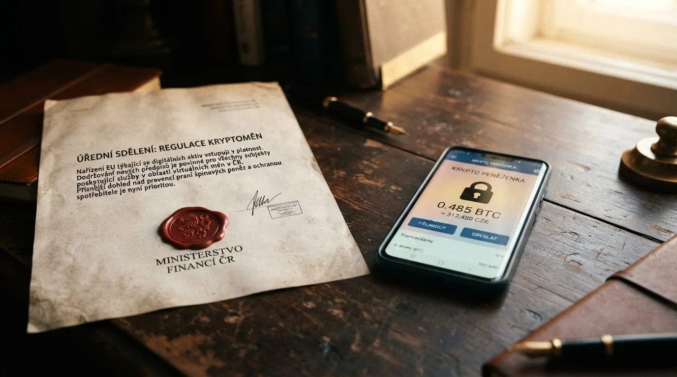 úřední dokument s razítkem vedle kryptoměnové peněženky na obrazovce
