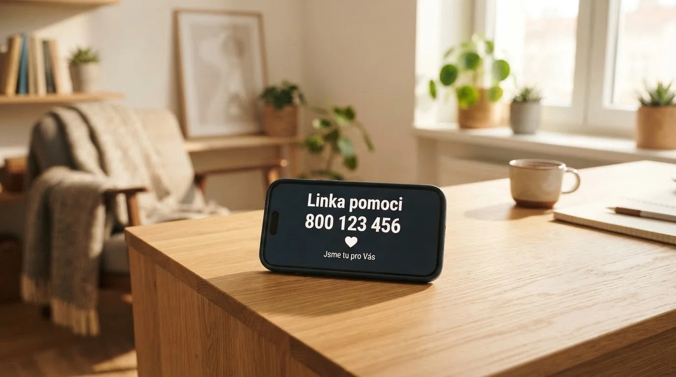 Telefonní sluchátko na pozadí loga Linky pomoci s číslem +420 777 477 877