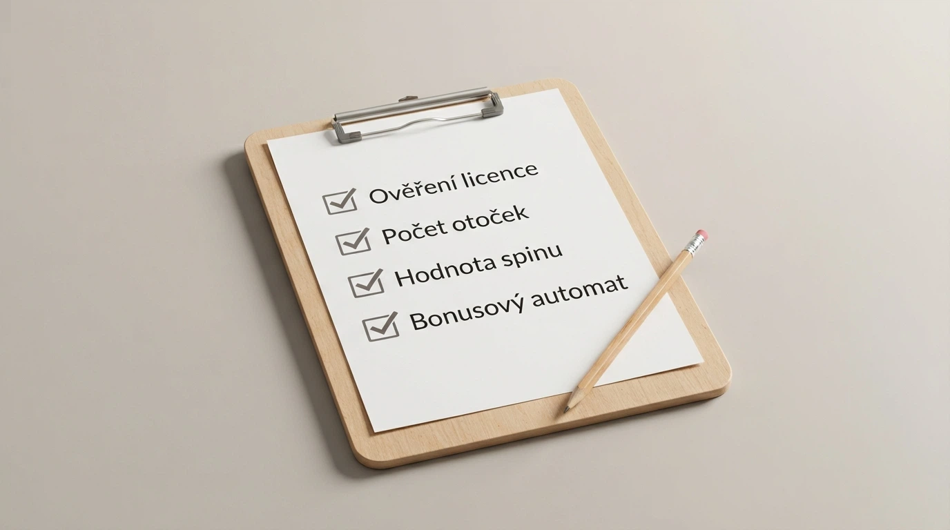 Stylizovaný kontrolní seznam s body: ověření licence MF ČR, počet otoček, hodnota spinu, bonusový automat