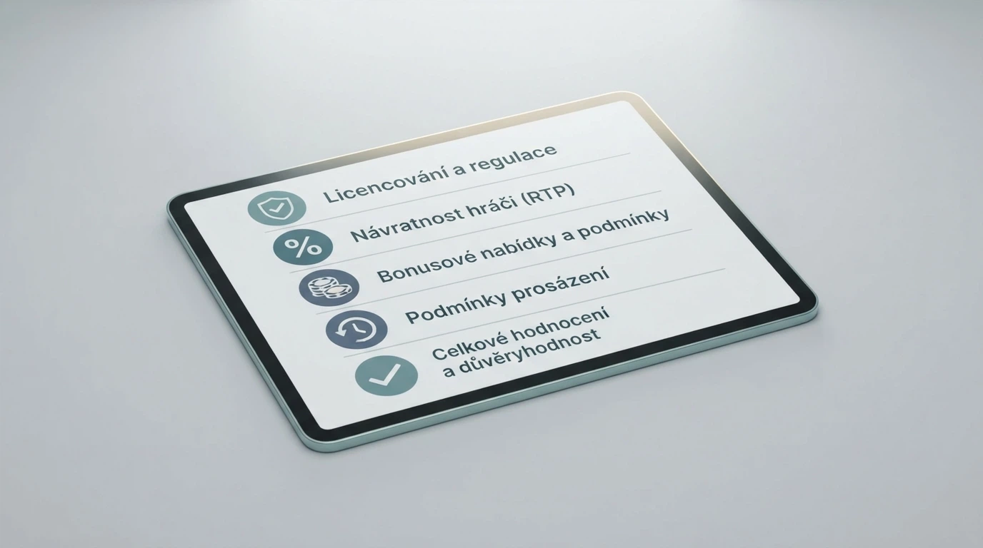 Přehled hodnoticích kritérií použitých v tomto srovnání — od licence MF ČR přes RTP až po bonusové podmínky