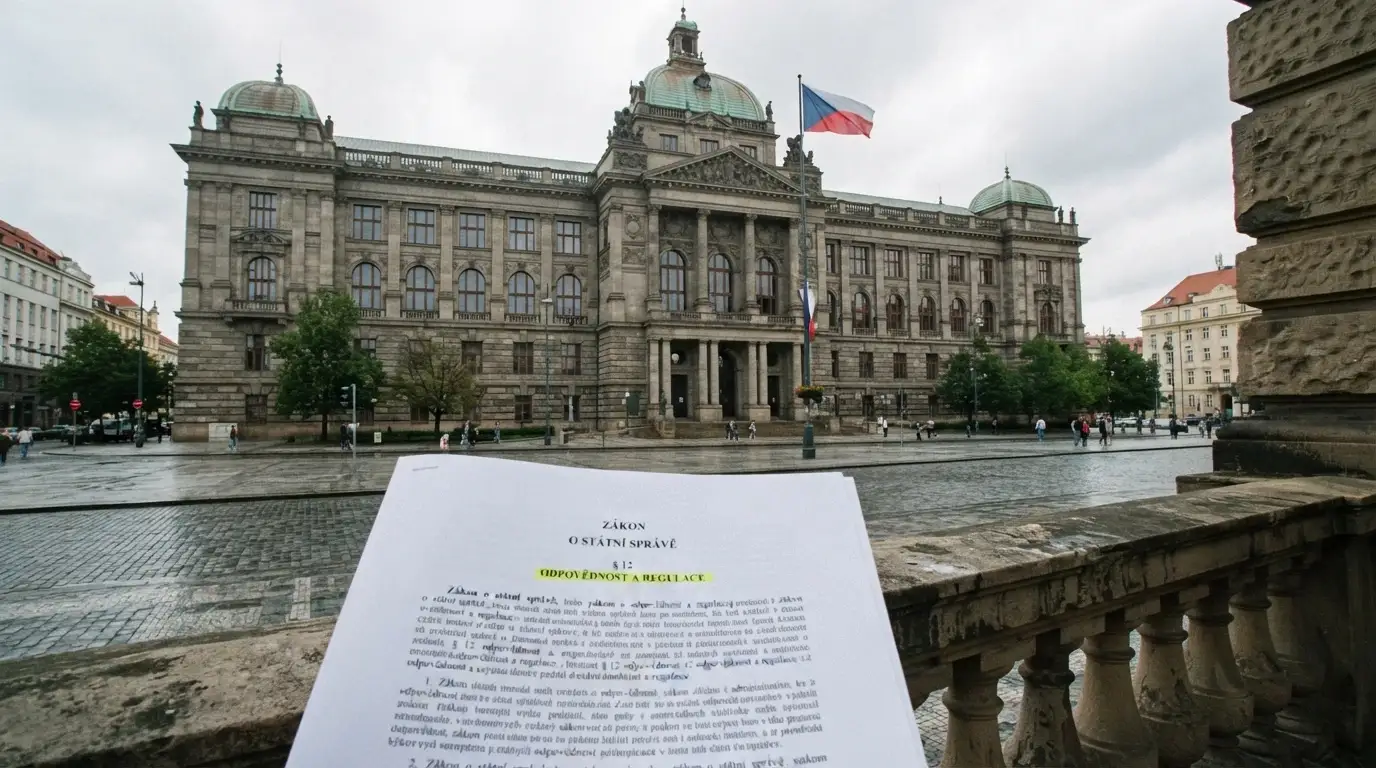 Úřední budova Ministerstva financí ČR s českou vlajkou, vedle detail paragrafu zákona o hazardních hrách