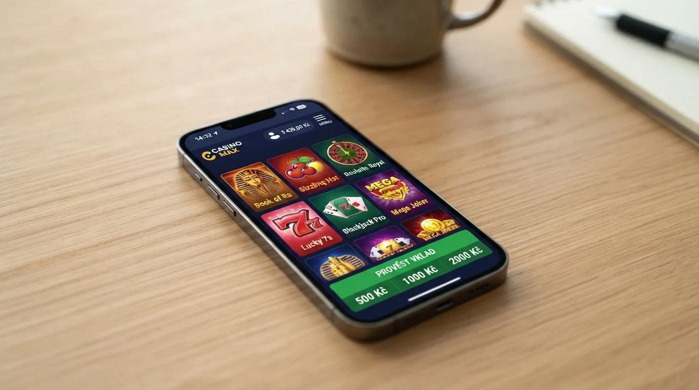 Chytrý telefon s otevřenou casino aplikací, na displeji vidět výběr her a tlačítko vkladu
