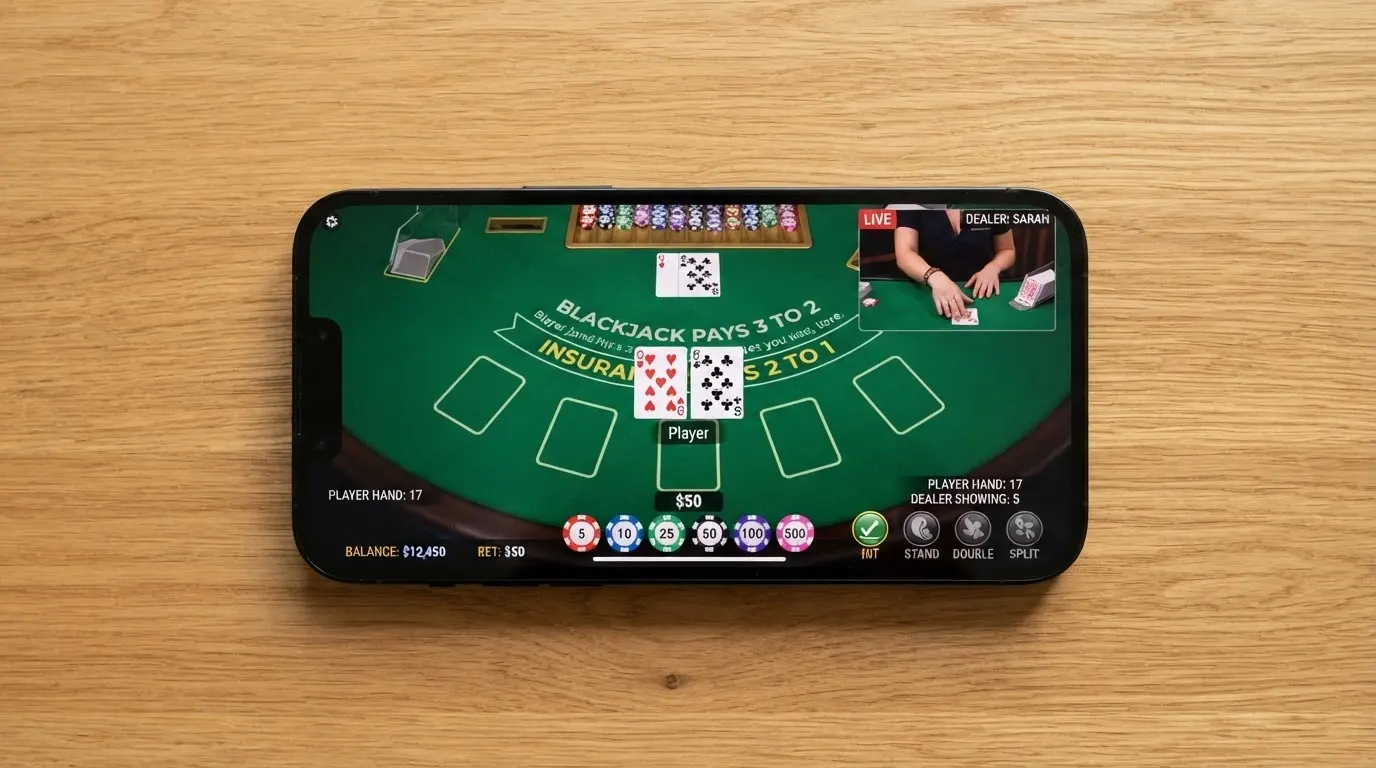Mobilní telefon v orientaci na šířku s otevřeným live blackjack stolem — sázkové pole dole, video stream krupiéra nahoře.